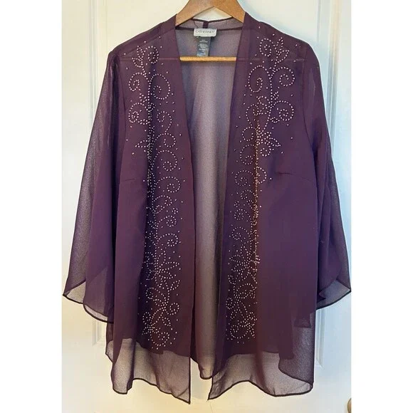 Catherine's 20W Petite Size Beaded Sheer Chiffon Kimono Cardigan Plum Open Front - Picture 2 of 9